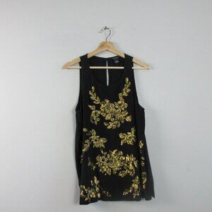 Club Monaco 100% Silk Tank Top Womens M Black Gold Sequin Embellished Classy 106